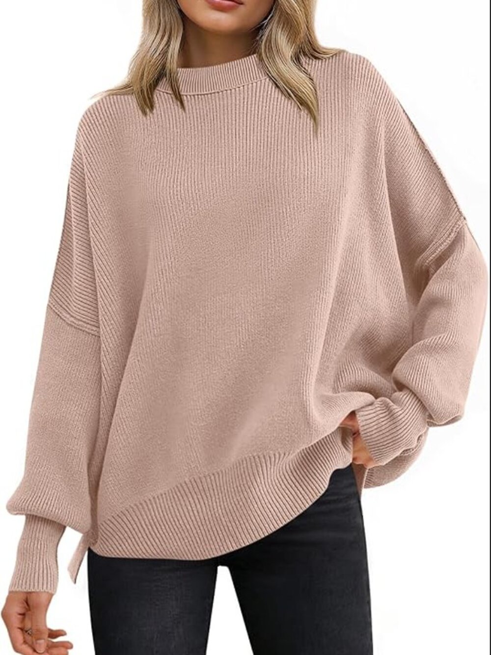 ANRABESS Soft Ribbed Knit Oversized Batwing Sleeve Sweater Pink Blush Medium